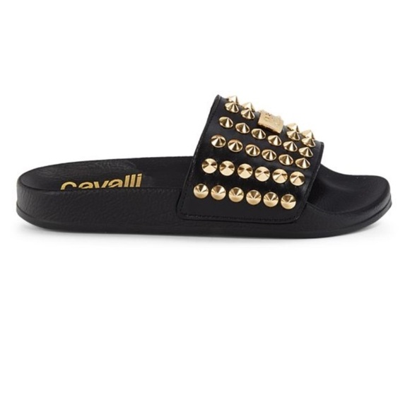 CAVALLI CLASS Black Studded Leather Slides Size 7 - Picture 1 of 7